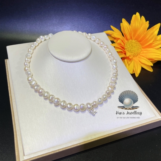 Choker Ngọc Trai thô 8 li mix Charm bạc - Khoá Bạc