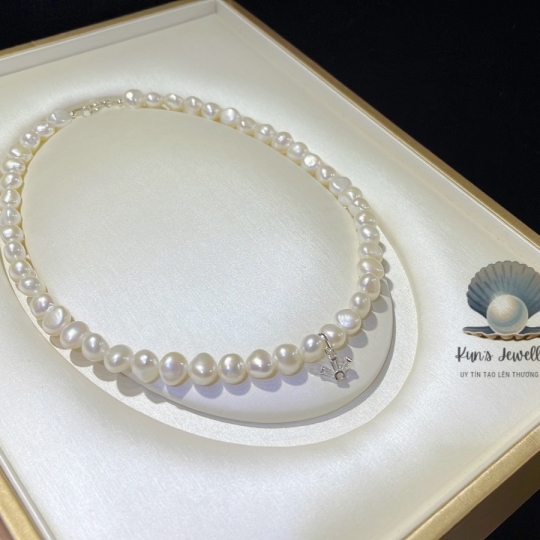 Choker Ngọc Trai thô 8 li mix Charm bạc - Khoá Bạc