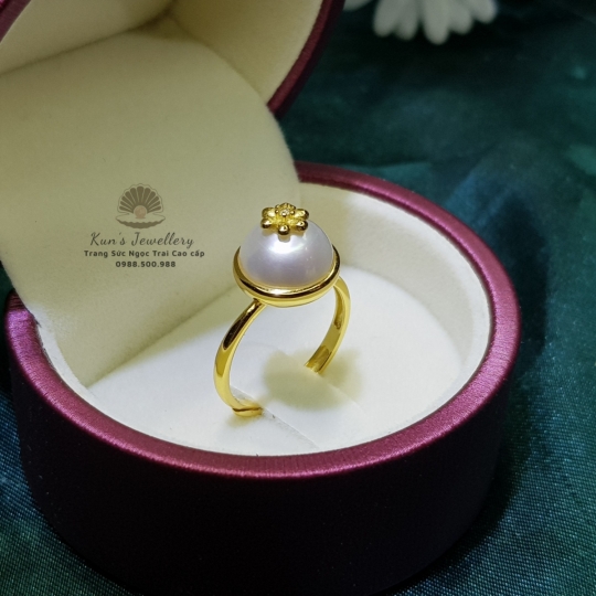  Nhẫn Ngọc trai Mabe size 10 li thiết kế Bạc Ý S925 xi vàng 