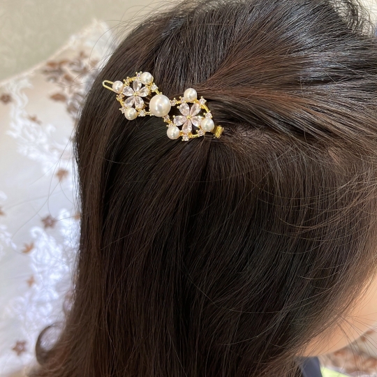 Kẹp tóc ngọc trai thật size 5 li & 8.8 li kết hợp phụ kiện đồng cao cấp 
