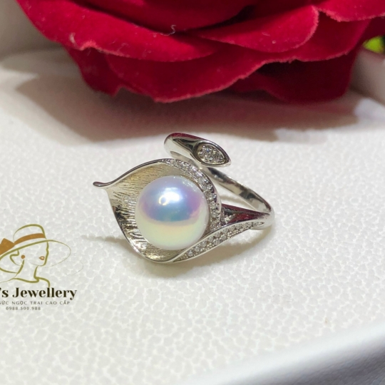 Nhẫn Bạc Ý S925 phủ bạch kim cao cấp - Ngọc trai Edison trắng ánh hồng size 10.1 li - Nhẫn freesize