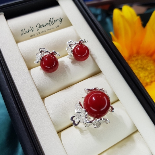 Bông tai - nhẫn san hô đỏ 10 li &12 li kết hợp bạc Ý S950