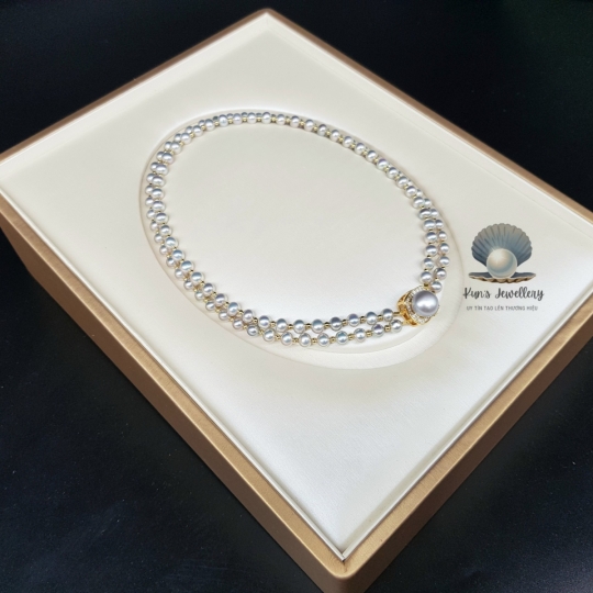  Chuỗi ngọc trai oval xám 5.5 li mix khoá và charm đồng cao cấp