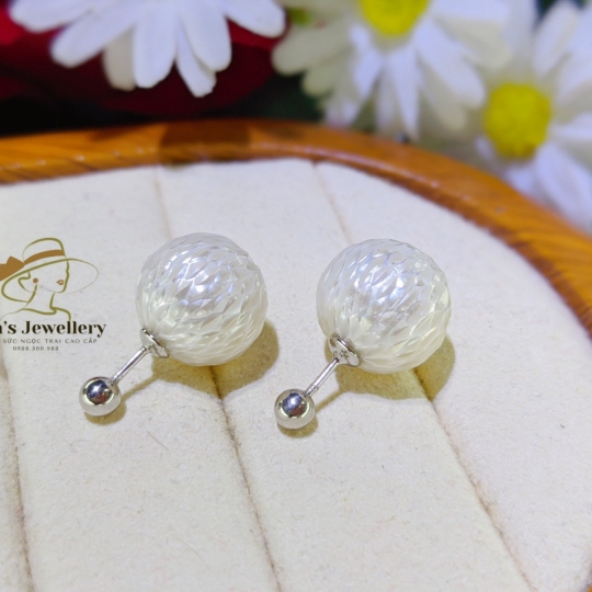 Bông tai Ngọc trai 14 li cắt giác thiết kế trụ bạc Ý S925 phủ bạch kim cao cấp