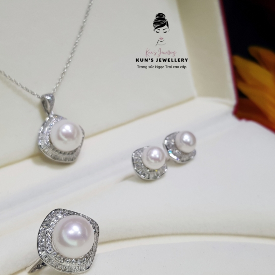 Set bộ ngọc trai 5A kết hợp bạc Ý S925 phủ bạch kim cao cấp