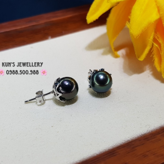  Bông tai Nụ Ngọc trai Tahiti Pháp size 8.2 li - Khung bạc Ý S925 phủ bạch kim cao cấp - chân đẩy chắc chắn