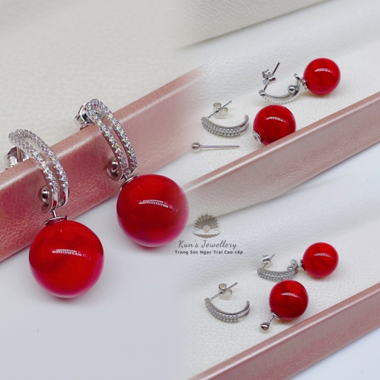 Bông tai San hô đỏ 12 li thiết kế Trụ bạc Ý S925 phủ bạch kim cao cấp 