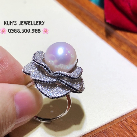 Nhẫn Ngọc trai Edison size 11.3 li thiết kế Trụ Bông Hoa Hồng 3D bạc Ý S925 phủ bạch kim cao cấp. Freesize 