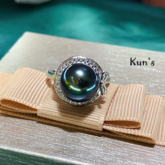 Nhẫn Ngọc trai biển Tahiti Pháp  size  10.85 li. Trụ bạc Ý S925 phủ bạch kim cao cấp