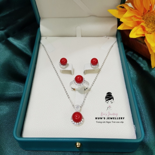 Set san hô đỏ size 8-10 li kết hợp bạc Ý S950