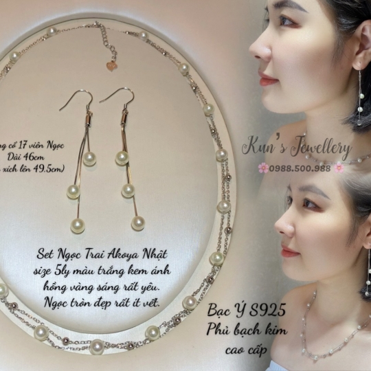 Set bộ Ngọc trai biển Akoya 5 li trắng kem ánh hồng vàng . Ngọc tròn đẹp rất ít vết. Bạc Ý S925 phủ bạch kim cao cấp 