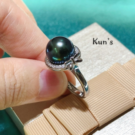 Nhẫn Ngọc trai biển Tahiti Pháp  size  10.85 li. Trụ bạc Ý S925 phủ bạch kim cao cấp