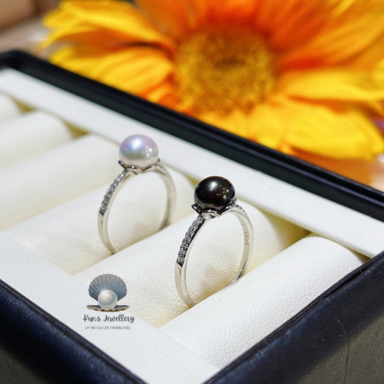 Nhẫn Ngọc trai size 7 li kết hợp Bạc Ý S925 phủ bạch kim cao cấp 