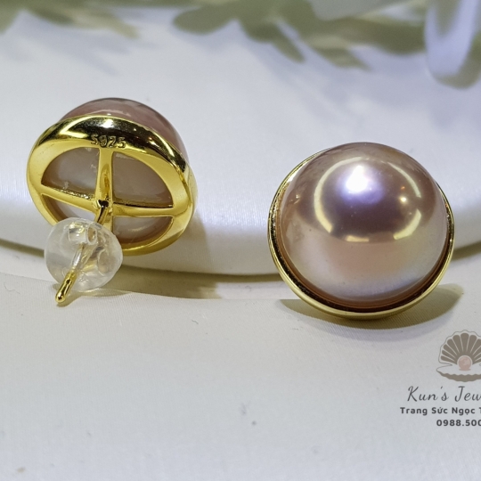 Bông tai Ngọc trai Mabe size 12 li thiết kế Trụ Bạc Ý S925 xi vàng cao cấp - chốt silicon bọc bạc êm tai 