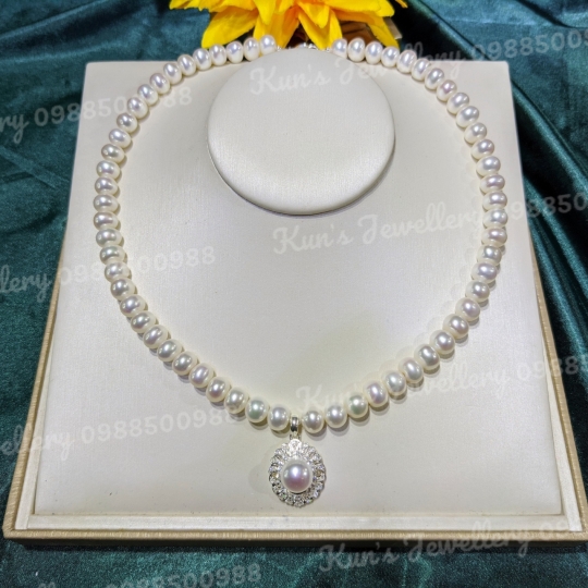 Chuỗi Ngọc trai Oval 8 li kết hợp Mặt bạc Ý S925 size Ngọc 9.9 li