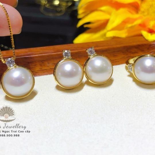 Set bộ ngọc trai Mabe 10 li - trụ Bạc Ý S925 xi vàng 18k - Bông tai chân đẩy chắc chắn