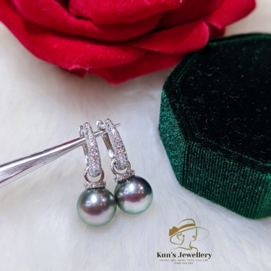 Bông tai Ngọc trai biển Tahiti Pháp size 10 li - Trụ Bạc Ý S925 phủ bạch kim cao cấp