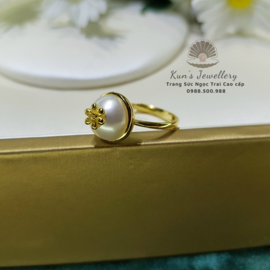  Nhẫn Ngọc trai Mabe size 10 li thiết kế Bạc Ý S925 xi vàng 