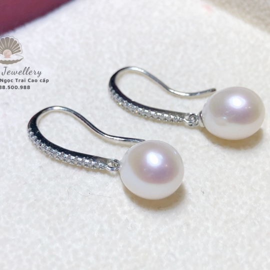 Bông tai Bạc Ý S925 phủ bạch kim cao cấp . Ngọc giọt viên nguyên ri size 8.5 li 