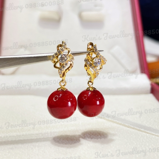 Bông tai San hô đỏ 12 li kết hợp Vàng 14k