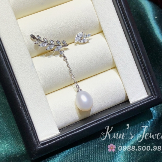 Bông tai Ngọc trai bất đối xứng - Ngọc trai giọt viên nguyên ri size 8.5 li .Bạc Ý S925 phủ bạch kim cao cấp 