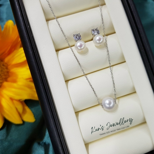  Set 2 món bông tai - dây xuyên tâm ngọc trai tròn kết hợp bạc Ý S925 phủ bạch kim cao cấp