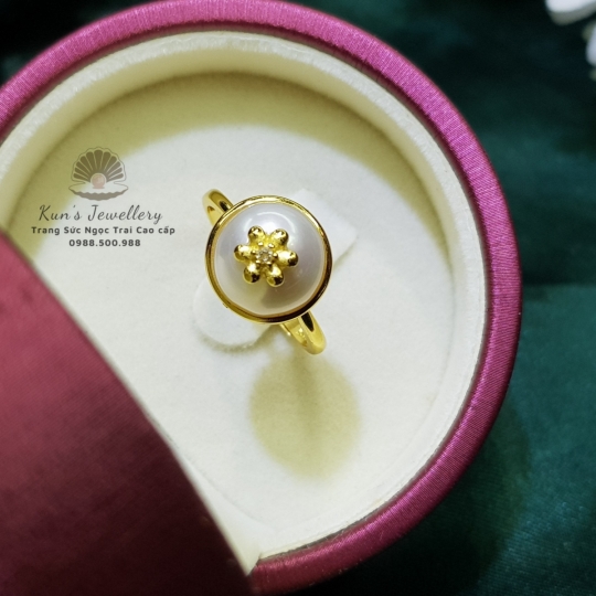  Nhẫn Ngọc trai Mabe size 10 li thiết kế Bạc Ý S925 xi vàng 