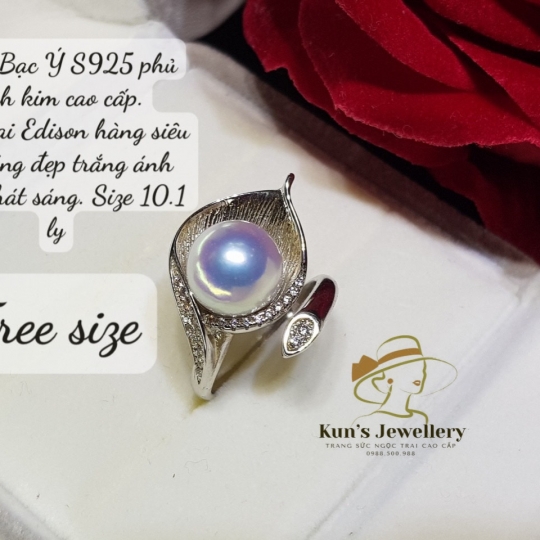 Nhẫn Bạc Ý S925 phủ bạch kim cao cấp - Ngọc trai Edison trắng ánh hồng size 10.1 li - Nhẫn freesize
