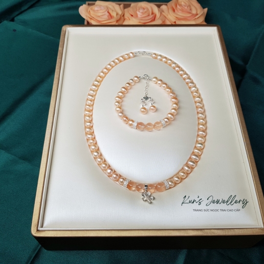 Set Ngọc Trai Oval 7 li Mix cùng đá Thạch Anh Lông thỏ