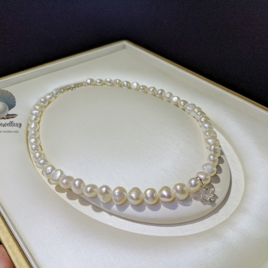 Choker Ngọc Trai thô 8 li mix Charm bạc - Khoá Bạc
