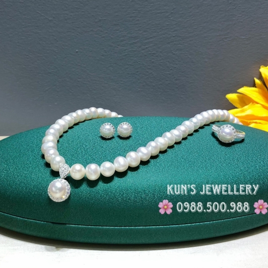Set Bộ Ngọc trai trắng size 7-9 li thiết kế Bạc Ý S925 - S950 cao cấp