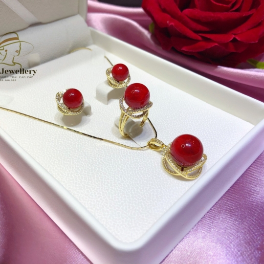 Set San hô đỏ tự nhiên 10 - 12 -14 li . Bạc Ý S925 xi vàng 18k - Nhẫn freesize 