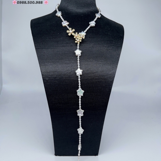 Chuỗi Ngọc trai dài 64 cm kết hợp giữa Ngọc trai gạo và Ngọc trai Baroque hình sao - Khoá đồng cao cấp đính 4 viên ngọc trai thật