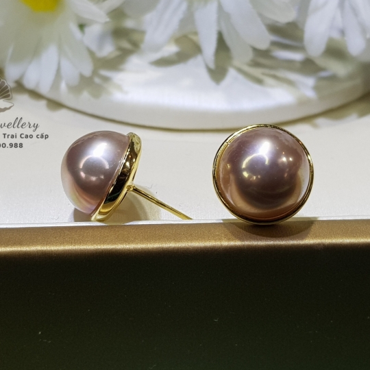 Bông tai Ngọc trai Mabe size 12 li thiết kế Trụ Bạc Ý S925 xi vàng cao cấp - chốt silicon bọc bạc êm tai 