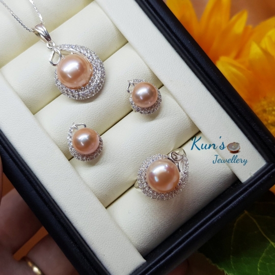 Set bộ 3 món ngọc trai kết hợp bạc Ý S950 size ngọc 8 -9.5 - 10.5 li